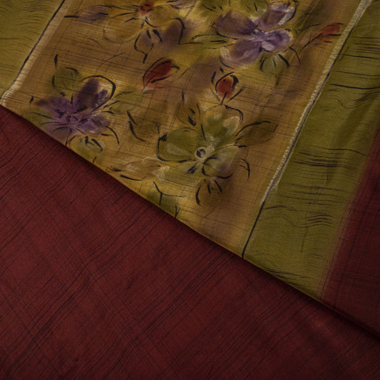 Sanskriti Vintage Saree Maroon-Green Pure Crepe Floral Print Sari 5.5Yard Fabric