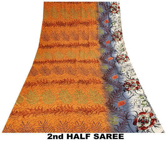 Sanskriti Vintage Saree Orange Pure Crepe Silk Floral Print Sari 5.5+Yard Fabric
