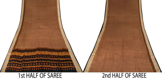 Sanskriti Vintage Saree Brown Pure Crepe Floral Print Sari 6.5+Yard Craft Fabric