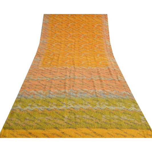 Sanskriti Vintage Yellow Sarees 100% Pure Crepe Silk Printed Sari 5 Yard Sustainable Fabric