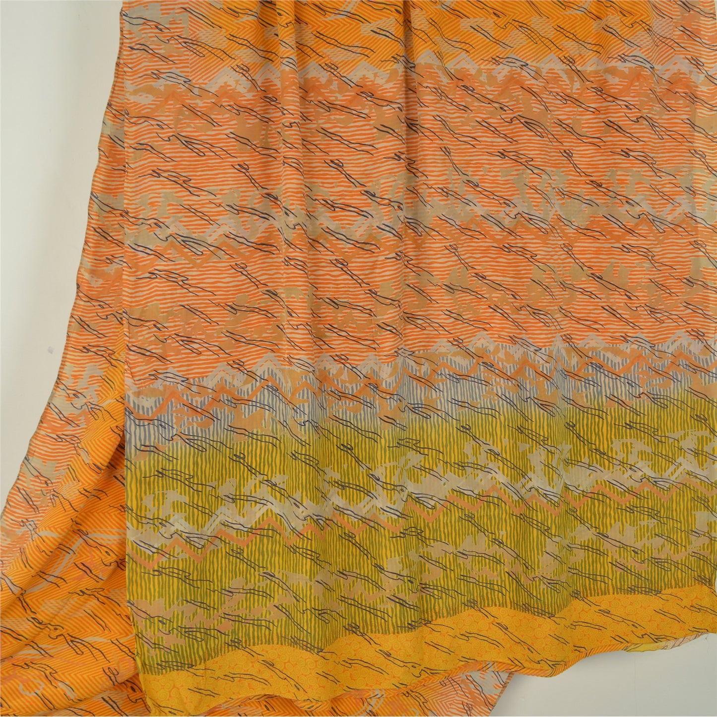 Sanskriti Vintage Yellow Sarees 100% Pure Crepe Silk Printed Sari 5 Yard Sustainable Fabric