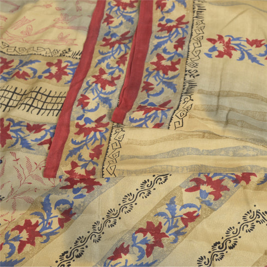 Sanskriti vintage Printed Cream Indian Pure Crepe Silk Sarees Sari Craft Sustainable Fabric