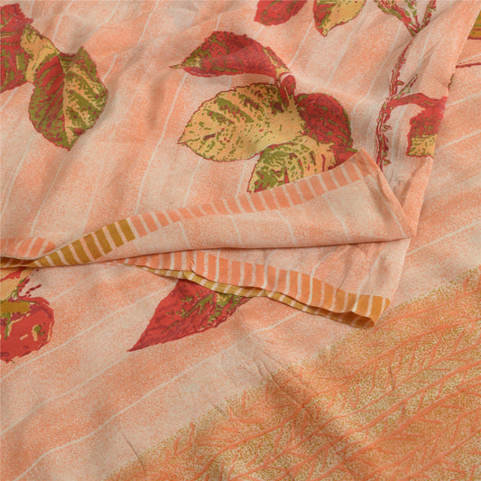 Sanskriti vintage Sarees Indian Peach Printed Pure Crepe Silk Sari Craft Sustainable Fabric