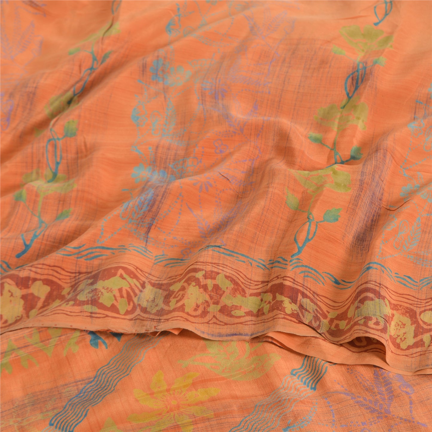 Сари из 100% чистого крепированного шелка с принтом в стиле Санскрити, персиковое сари, экологически чистая ткань для рукоделия