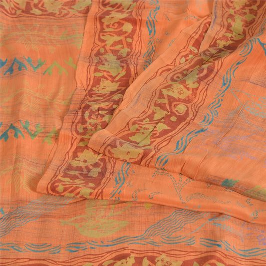 Sanskriti Vintage Printed 100% Pure Crepe Silk Sarees Peach Sari Craft Sustainable Fabric