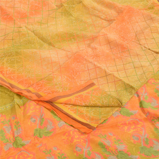 Sanskriti Vintage Sarees Pure Crepe Printed Orange/Green Sari Craft Soft Sustainable Fabric