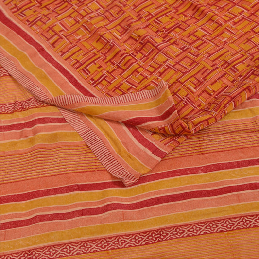 Sanskriti Vintage Orange Indian Sarees Pure Crepe Silk Fabric Printed Sari Craft