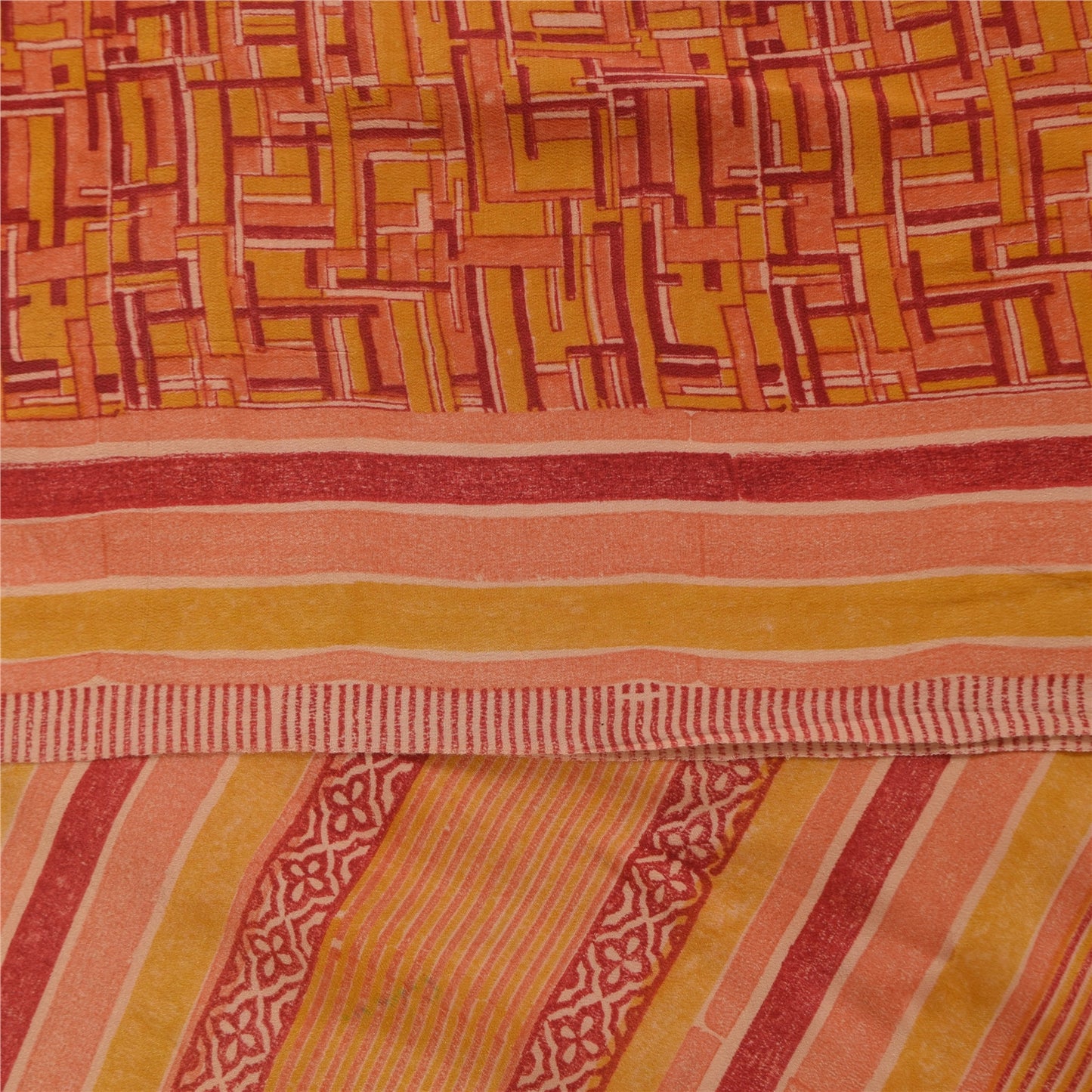 Sanskriti Vintage Orange Indian Sarees Pure Crepe Silk Fabric Printed Sari Craft