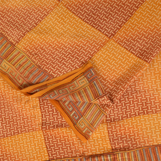 Sanskriti Vintage Saffron Sarees 100% Pure Crepe Silk Printed Sari Craft Fabric