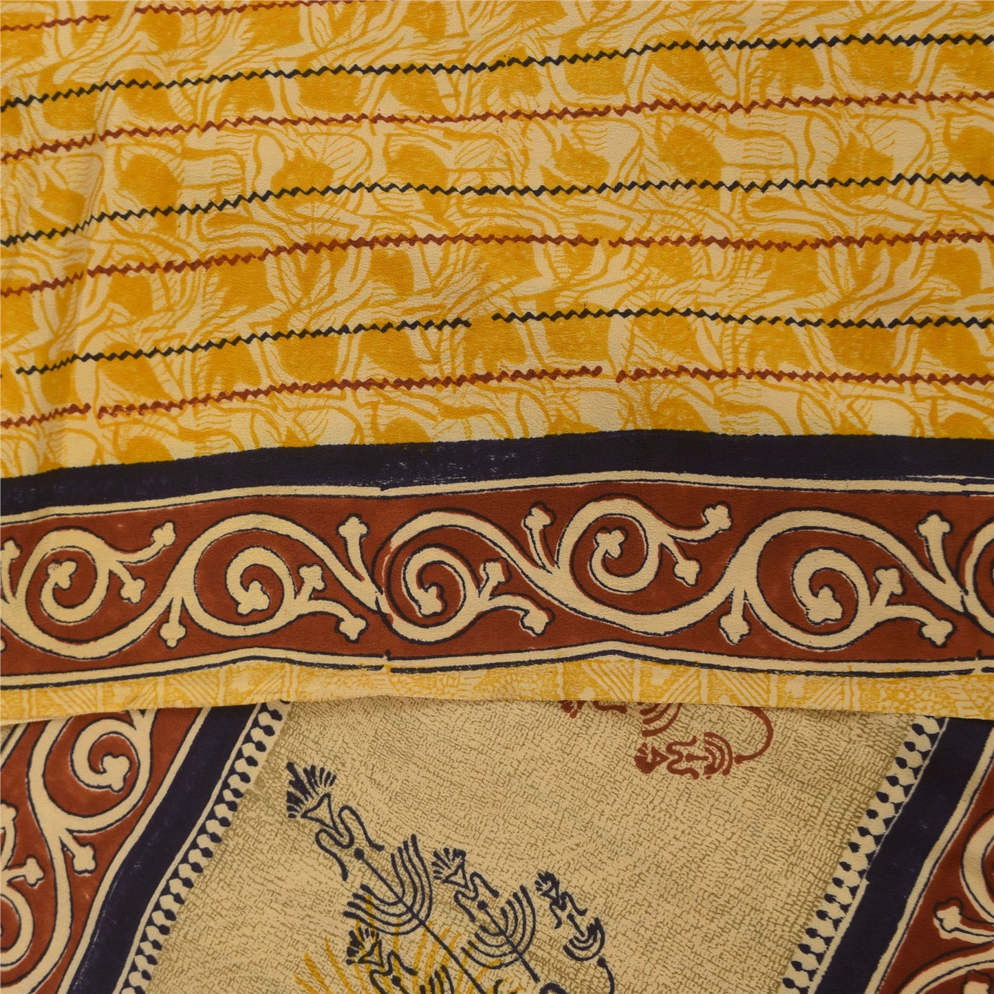 Sanskriti Vintage Saree Yellow Pure Crepe Silk Floral Printed Sari 5.5+Yd Fabric