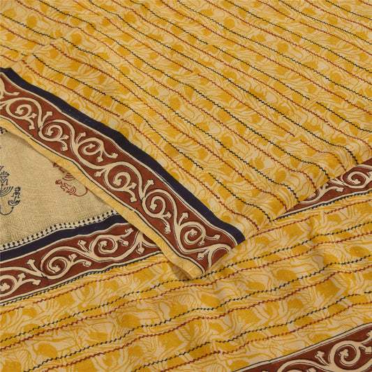 Sanskriti Vintage Saree Yellow Pure Crepe Silk Floral Printed Sari 5.5+Yd Fabric