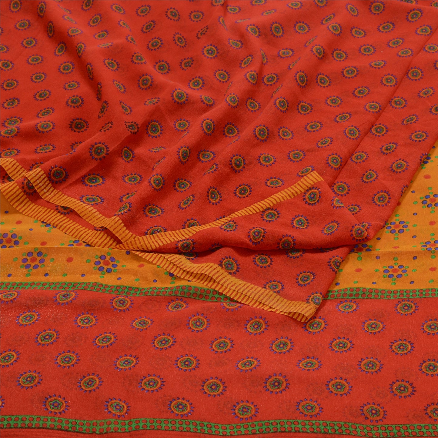 Sanskriti Vintage Røde Trykte Sarier Ren Georgette Silke Sari 5yd Håndværksmæssigt Bæredygtigt Stoff