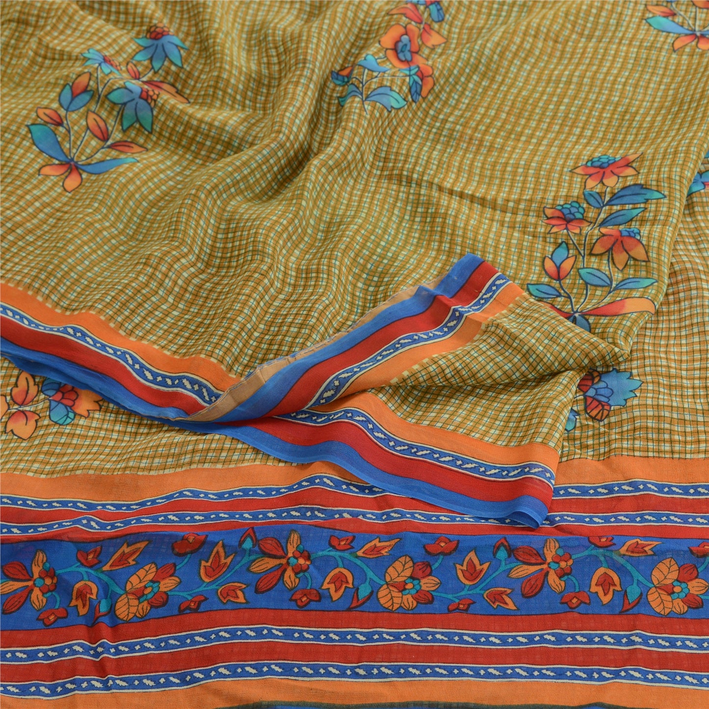 Sanskriti Vintage Green Sarees Pure Georgette Silk Printed Sari 5yd Craft Sustainable Fabric