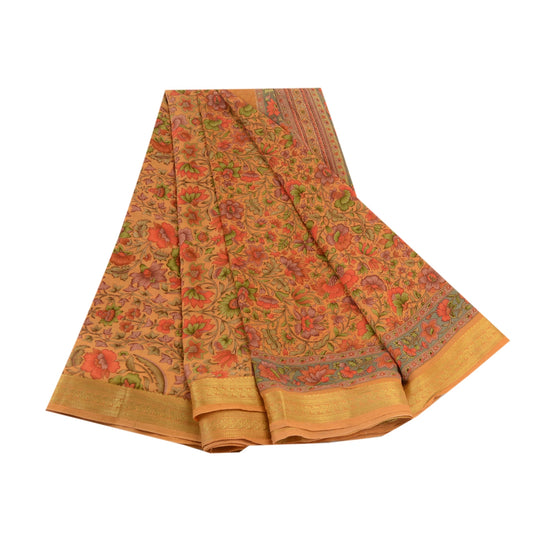 Sanskriti Vintage Brown Printed Sarees Georgette Zari Border Sari Craft Sustainable Fabric