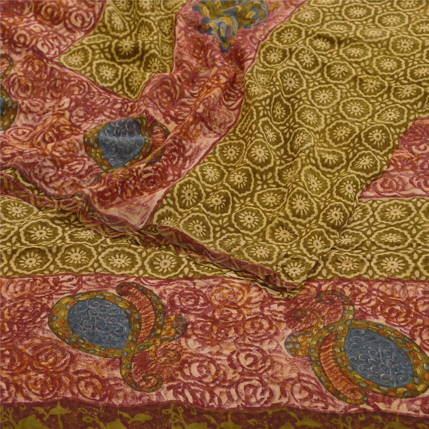 Sanskriti Vintage Grønne Sarier Ren Georgette Silke Trykt Sari 5yd Håndværk Bæredygtigt Stoff