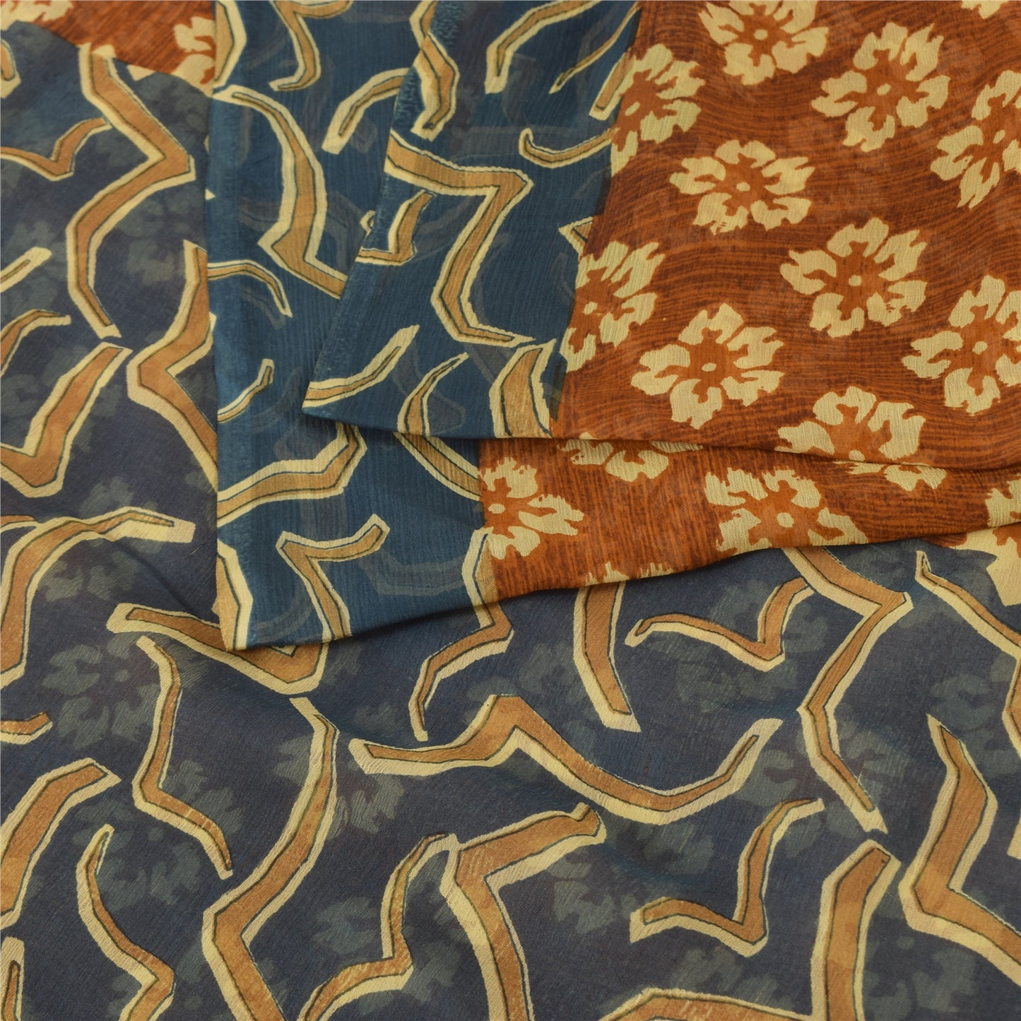 Sanskriti Vintage Floral Printed Georgette Silk Saree - Rusty Orange & Grey Fabric by Indian Heritage Textile Craft Supplies Material