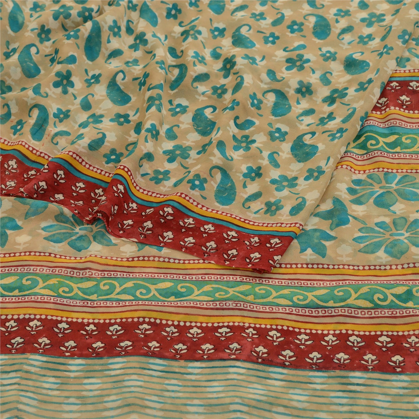 Sanskriti Vintage Grønne Trykte Sarier Ren Georgette Silke Sari 5yd Håndværksmæssigt Bæredygtigt Stoff