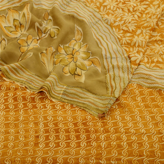 Sanskriti Vintage Mustard Printed Sarees Pure Georgette Silk Sari Craft Sustainable Fabric