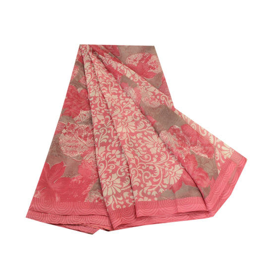 Sanskriti Vintage Pink Indian Sarees Chiffon Printed Sari Floral Craft Sustainable Fabric