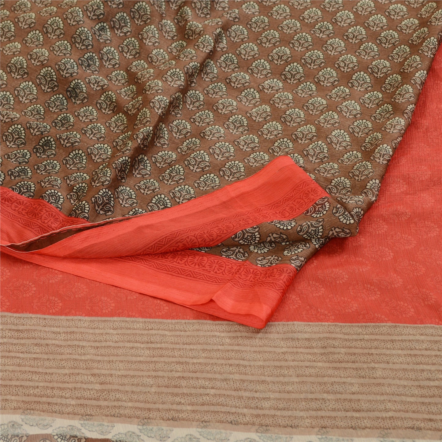 Sanskriti Vintage Sari Georgette Brown Printed Floral 5Yd Craft Fabric Sarees Create-Floral Dresses, Kaftans, Skirts, Tops