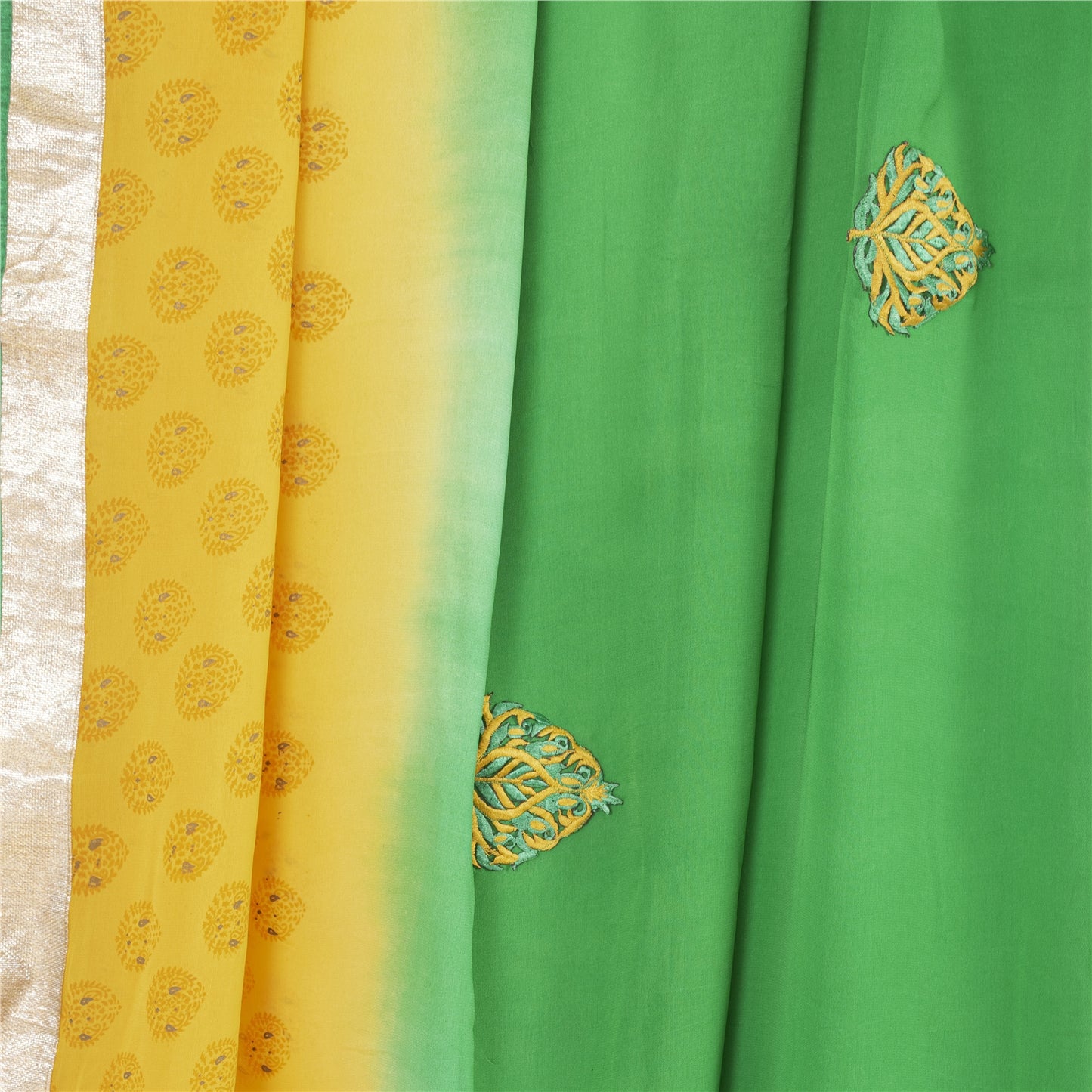 Sanskriti Vintage Sarees Print Broderet Grøn Ren Georgette Silke Sari Bæredygtigt Stof