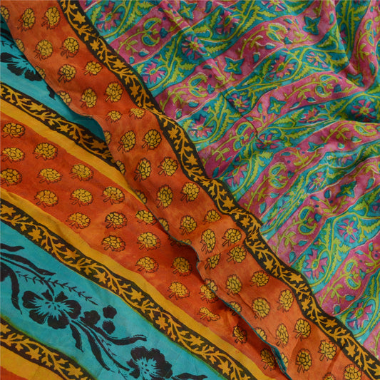 Sanskriti Vintage Sarees Grønne Ren Georgette Silke Trykt Sari Håndlavet 5yds Bæredygtigt Stof