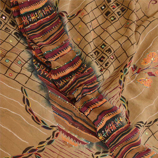 Sanskriti Vintage Sarees Brown Hand Beaded Print Pure Georgette Silk Sari Sustainable Fabric