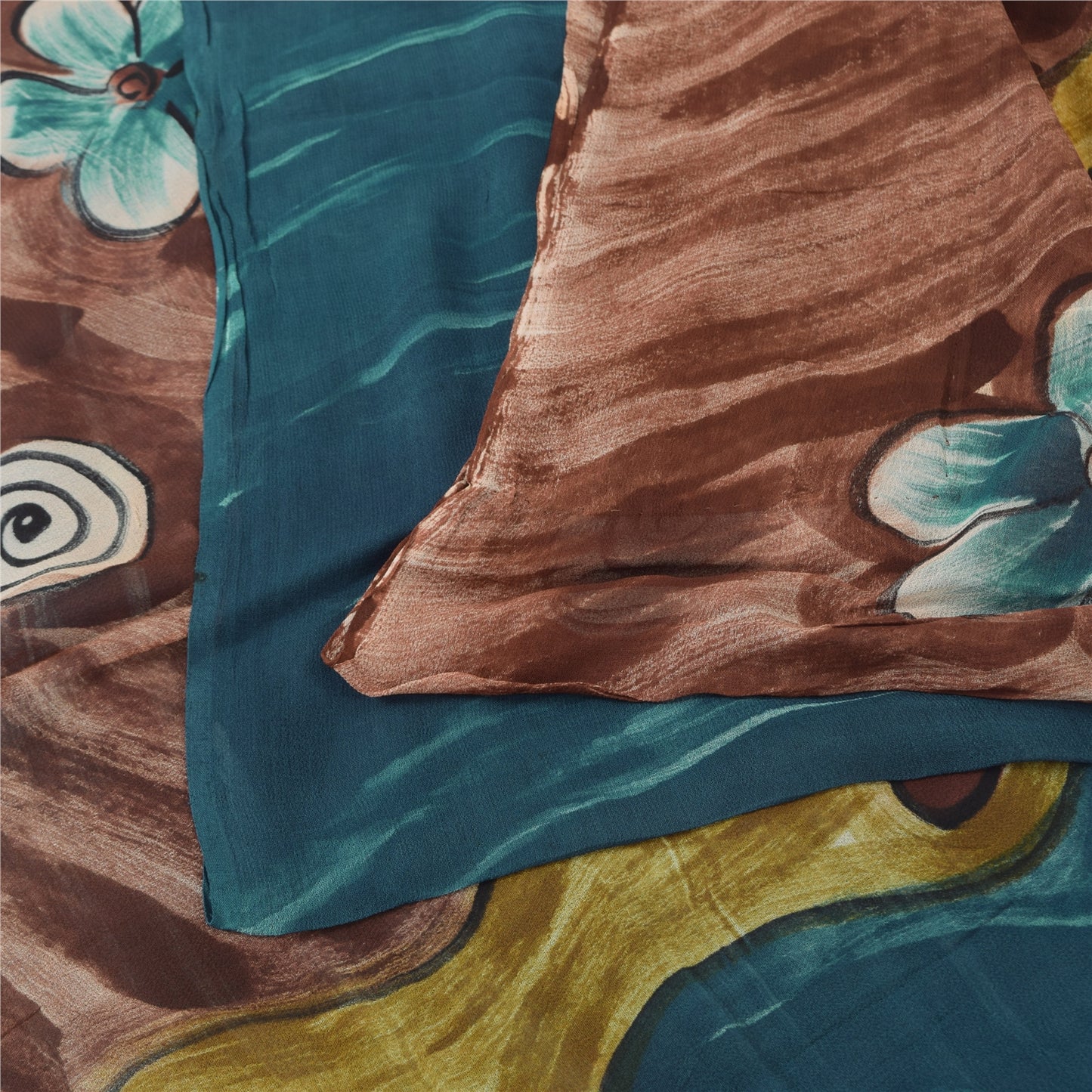 Sanskriti Vintage Sari 100% Pure Georgette Silk Sarees Blue/Brown Printed 5yd Craft Fabric upholstery fabric