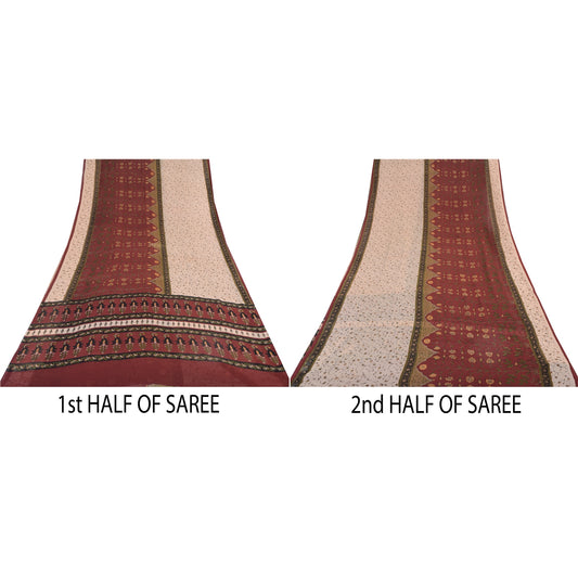 Sanskriti Vintage 100% Pure Georgette Silk Dark Red Printed Sarees 5 YD Craft Fabric Bohemian Fabric For Dressmaking,Upcyclers