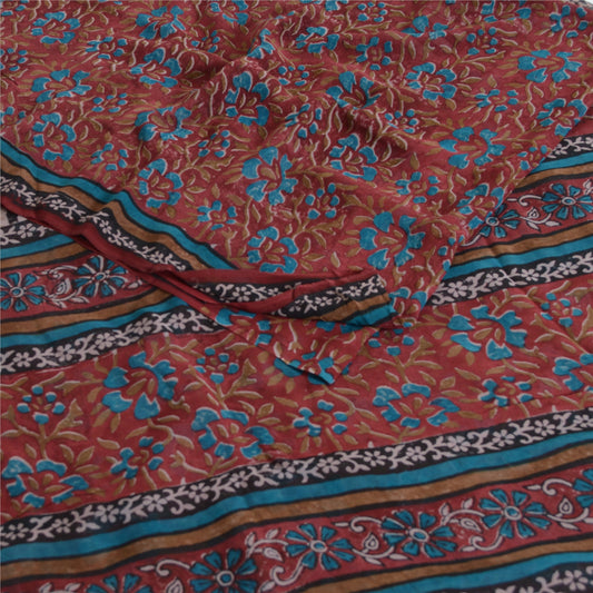 Sanskriti Vintage 100% Pure Georgette Silk Dark Red Printed Saree 5 Yd Craft Fabric Floral Recycled For Quilting Felting, Home Decor