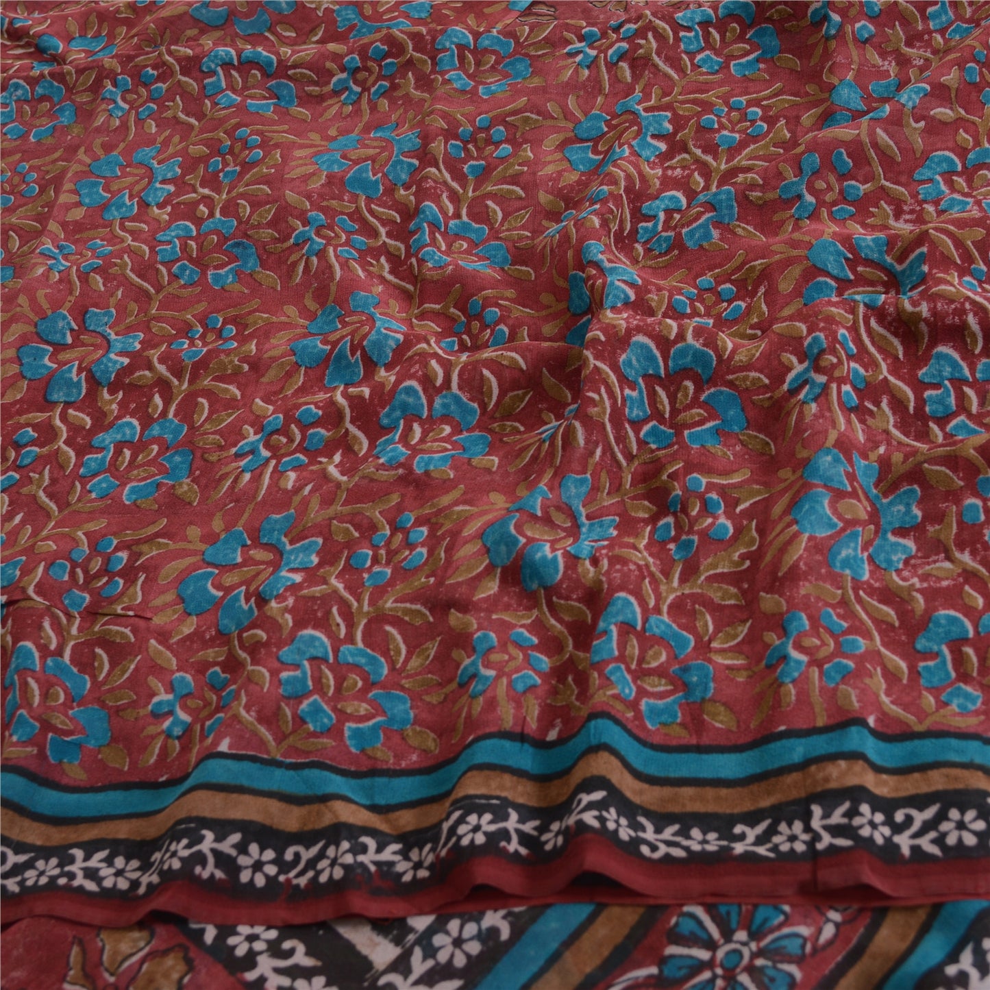 Sanskriti Vintage 100% Pure Georgette Silk Dark Red Printed Saree 5 Yd Craft Fabric Floral Recycled For Quilting Felting, Home Decor