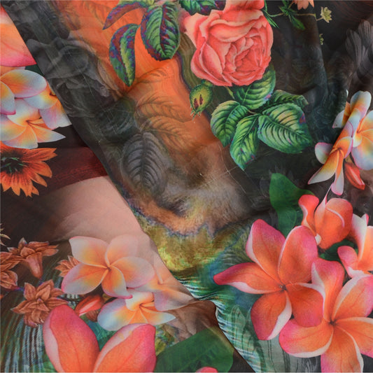 Sanskriti Vintage Sarees Black Digital Printed Georgette Sari Soft Craft Sustainable Fabric