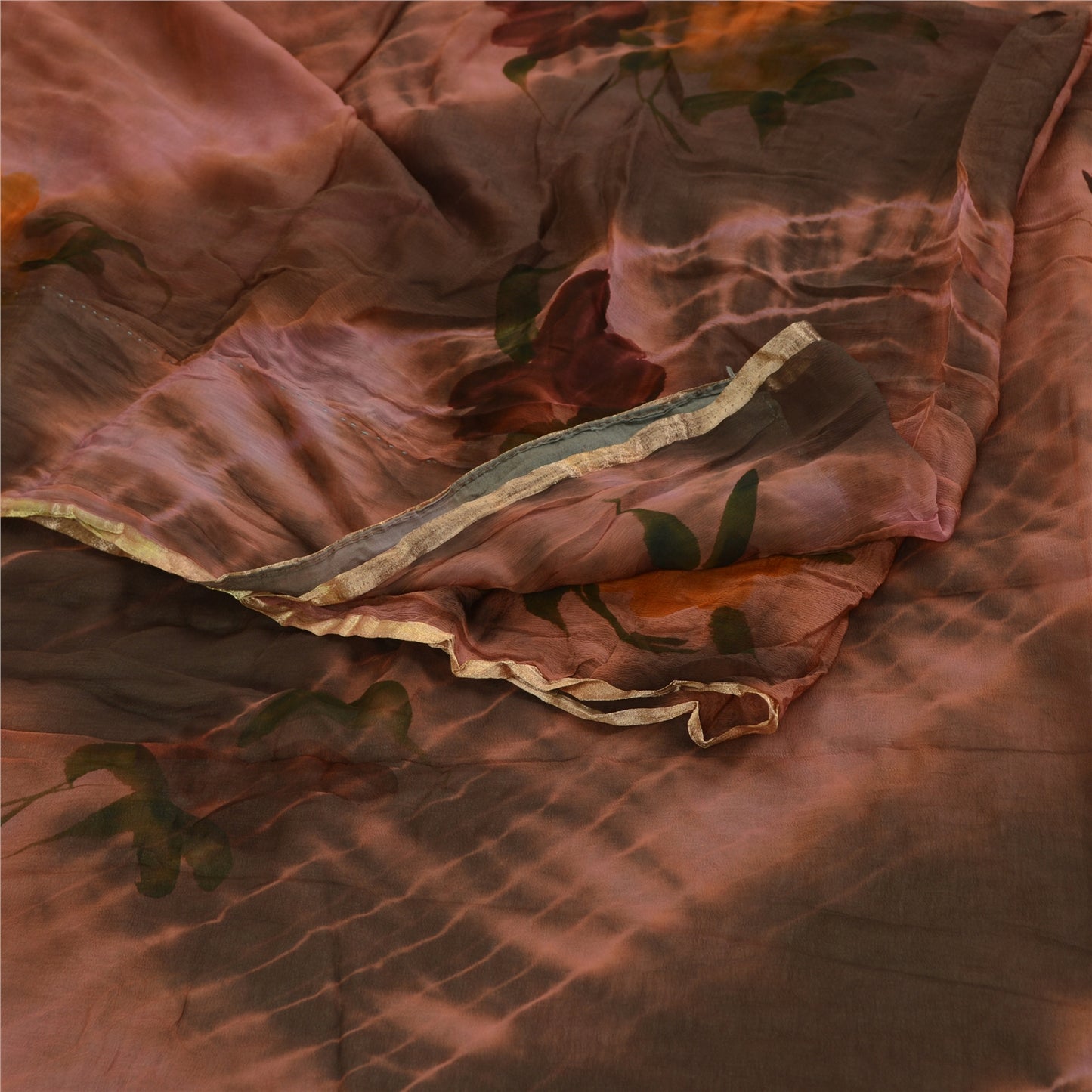 Sanskriti Vintage Sari Blend Georgette Tie-Dye Brown Printed Sarees 5 Yd Craft Fabric Create-Floral Dresses, Kaftans, Skirts, Tops