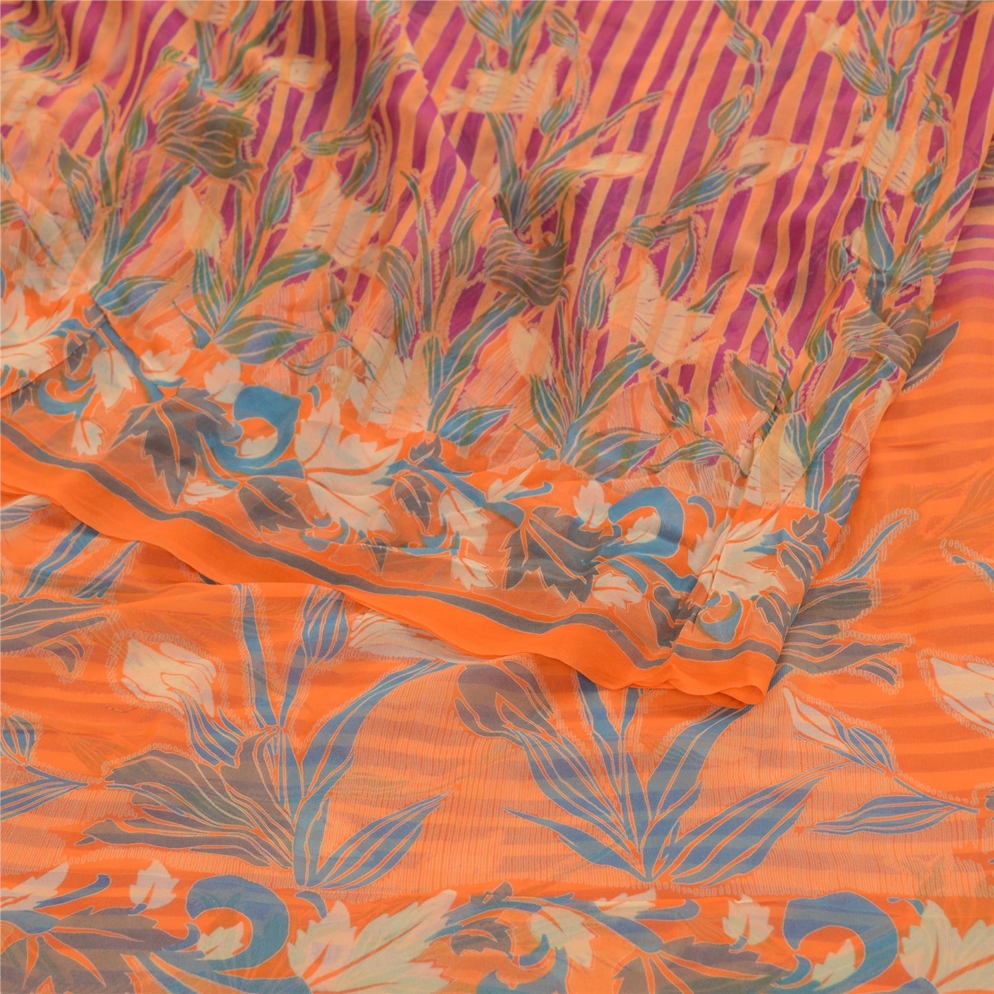 Sanskriti Vintage Sarees Indian Orange Blend Geogette Printed Sari Craft Sustainable Fabric