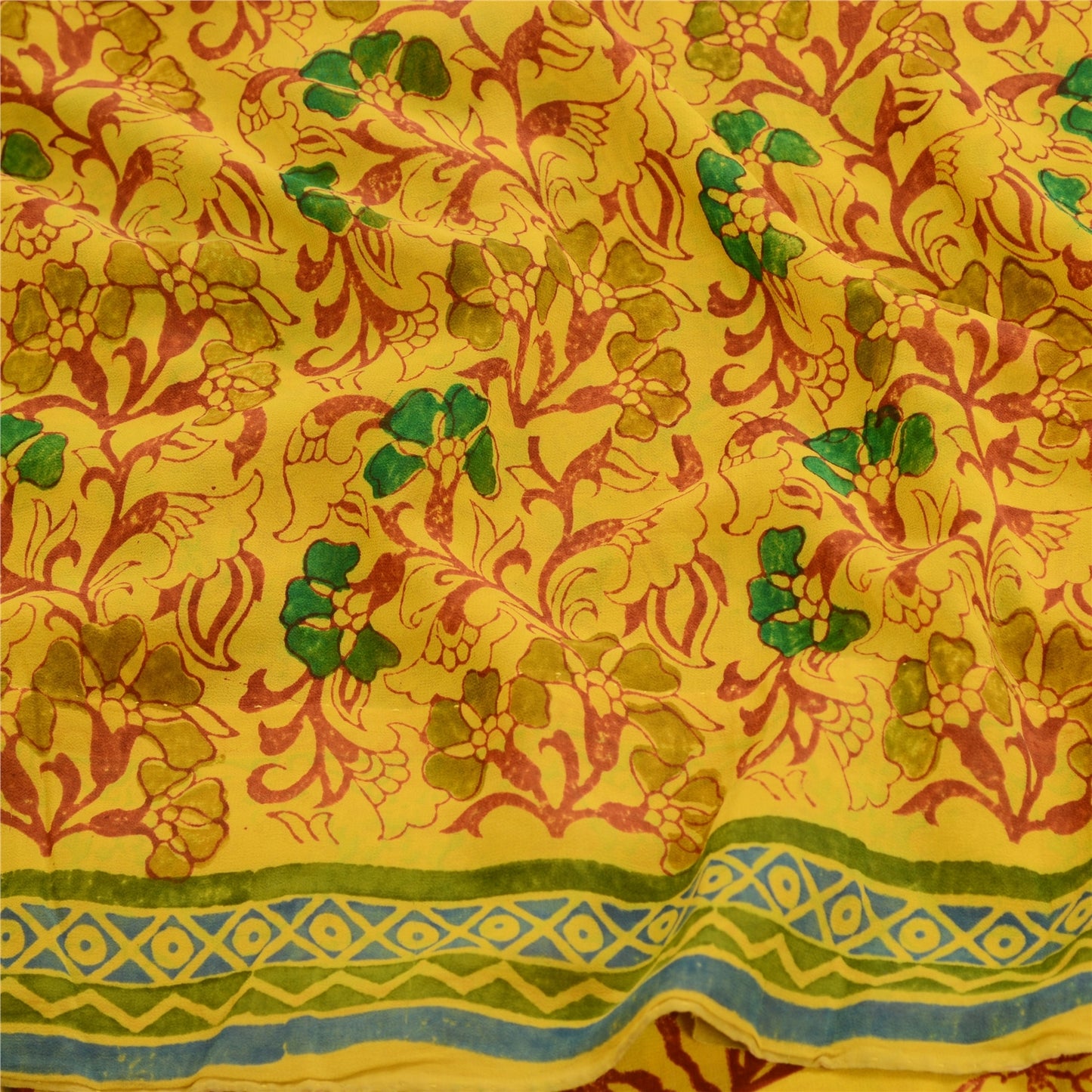 Sanskriti Vintage Sarees Yellow 100% Pure Geogette Silk Printed Sari Soft Sustainable Fabric