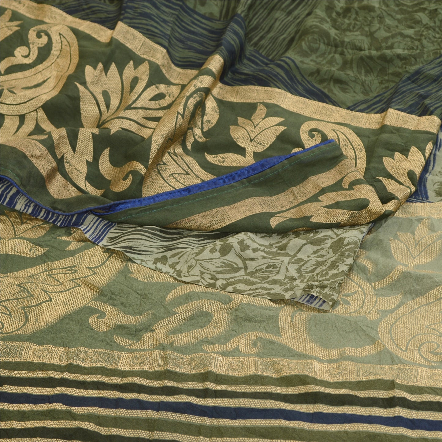 Sanskriti Vintage Georgette From India Green Printed Saree 5 Yd Craft Fabric Floral Recycled For Quilting Felting, Home Decor