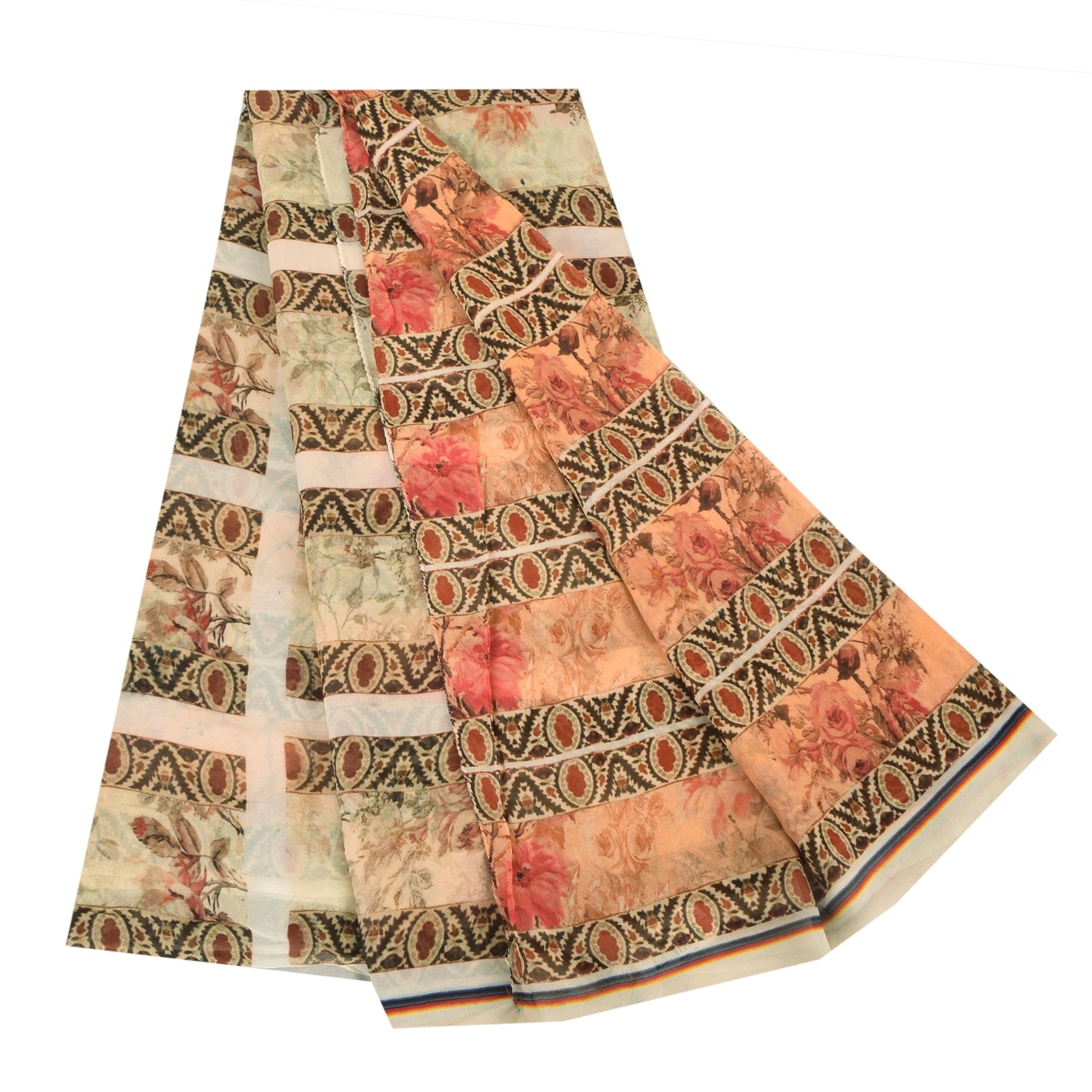 Sanskriti Vintage Sari 100% Pure Georgette Silk Peach Indian Printed Sarees 4+YD Craft Fabric upholstery fabric