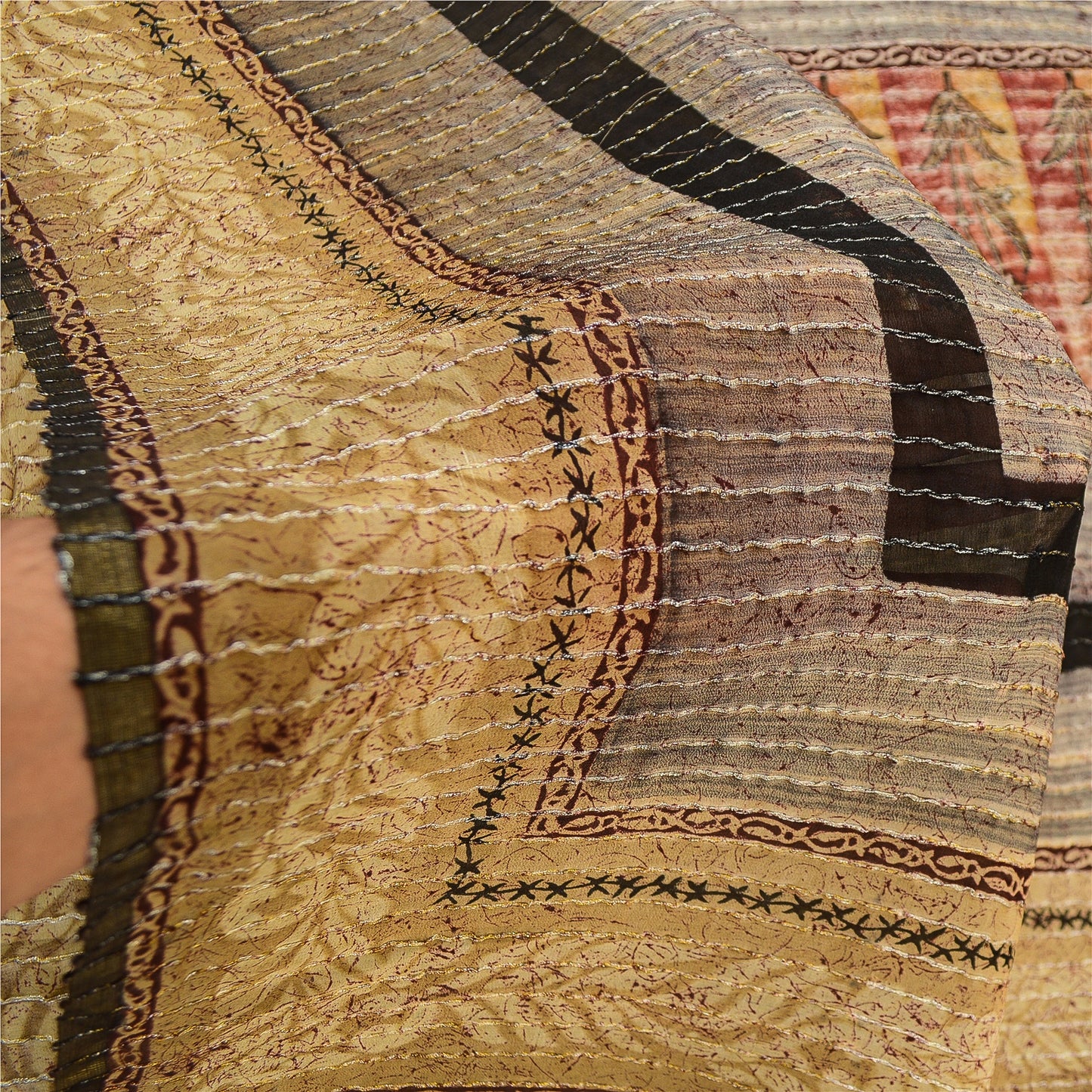 Sanskriti Vintage Sarees Grå Ren Georgette Silke Trykt Zari Sari Håndværk Bæredygtigt Stof