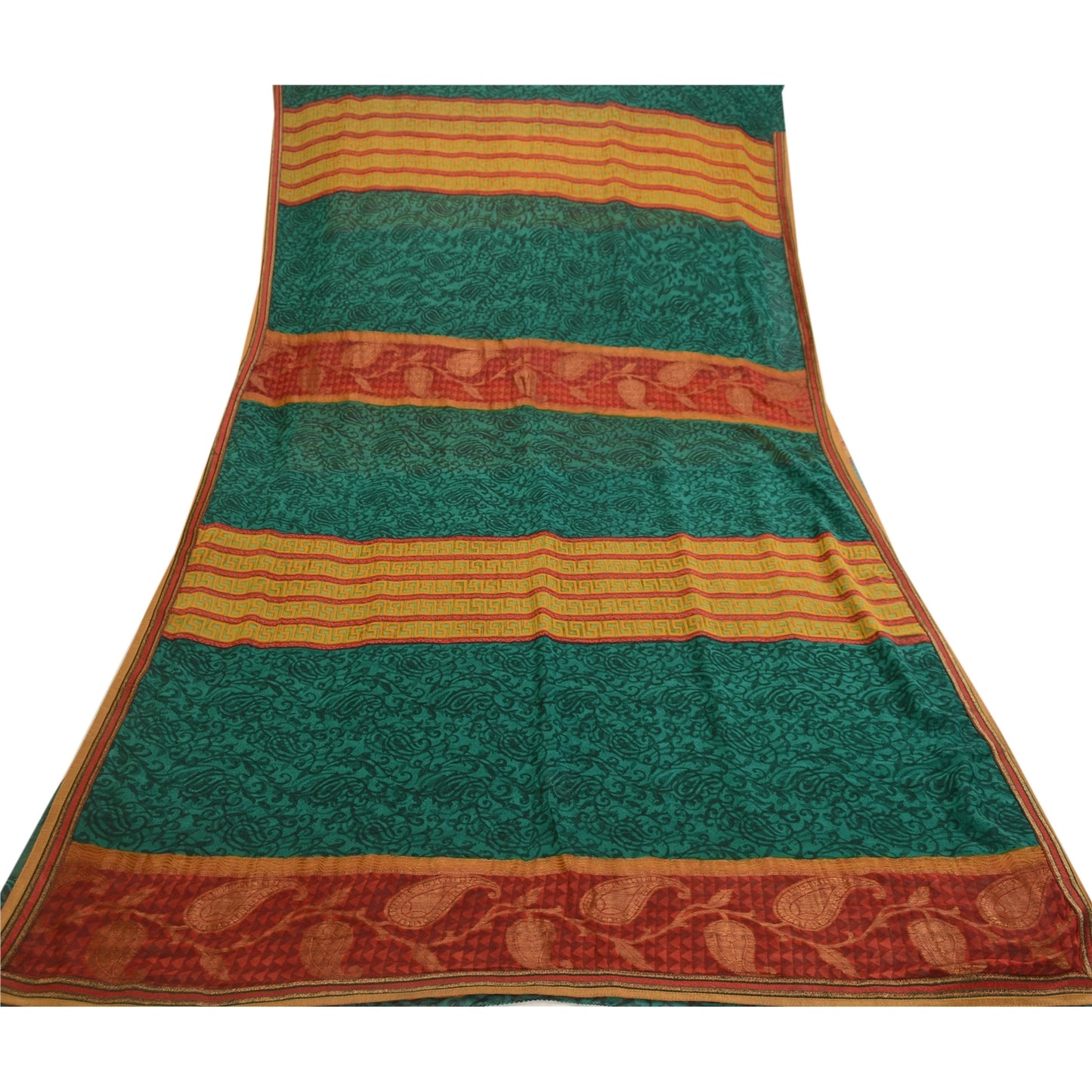 Сари Sanskriti Vintage, зеленое сари из чистого шелка-жоржета с принтом, 5 ярдов, ткань для рукоделия из экологически чистой ткани