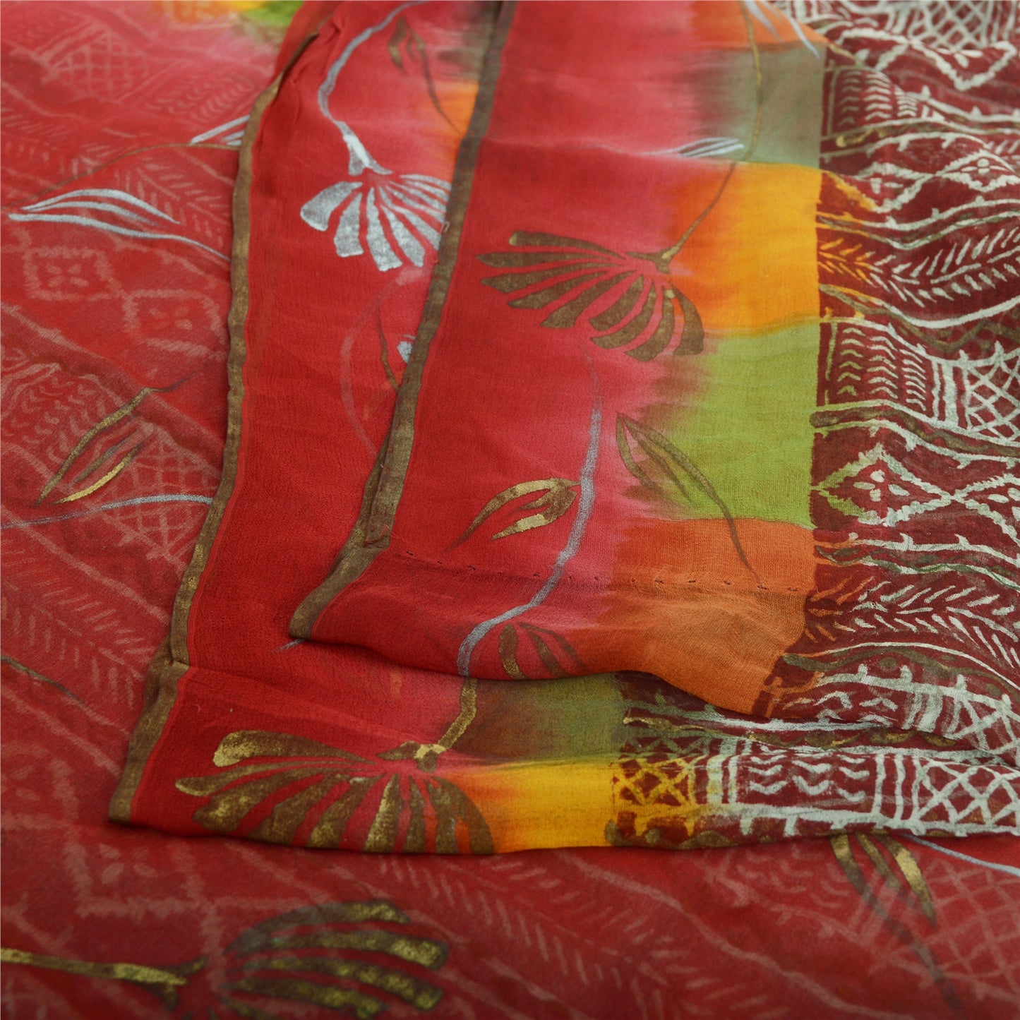 Sanskriti Vintage Sari Dark Red Pure Georgette Silk Saree: Floral Printed Craft Supplies Fabric Boho Quilting Material For DIY Projects
