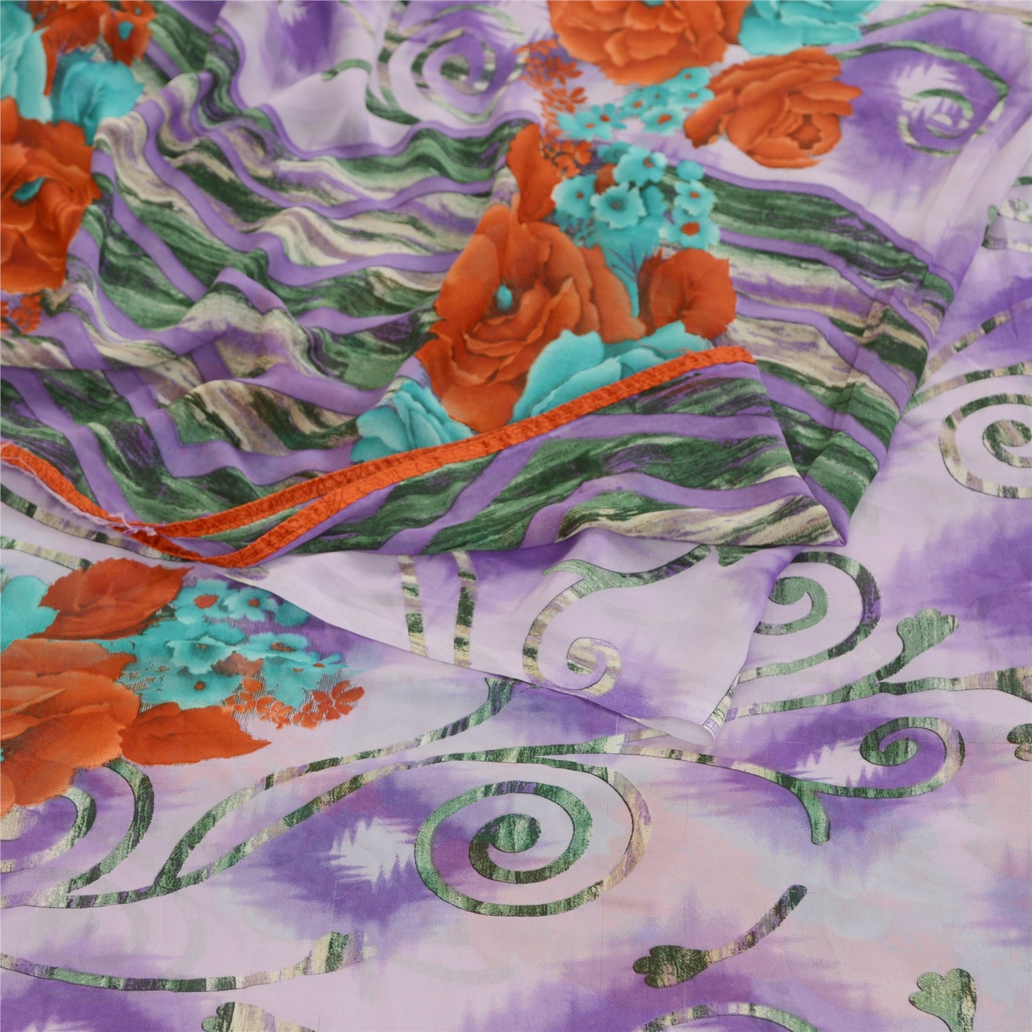 Sanskriti Vintage Sari Georgette Printed Soft Lilac Sarees 5 Yd Floral Craft Fabric Create-Floral Dresses, Kaftans, Skirts, Tops