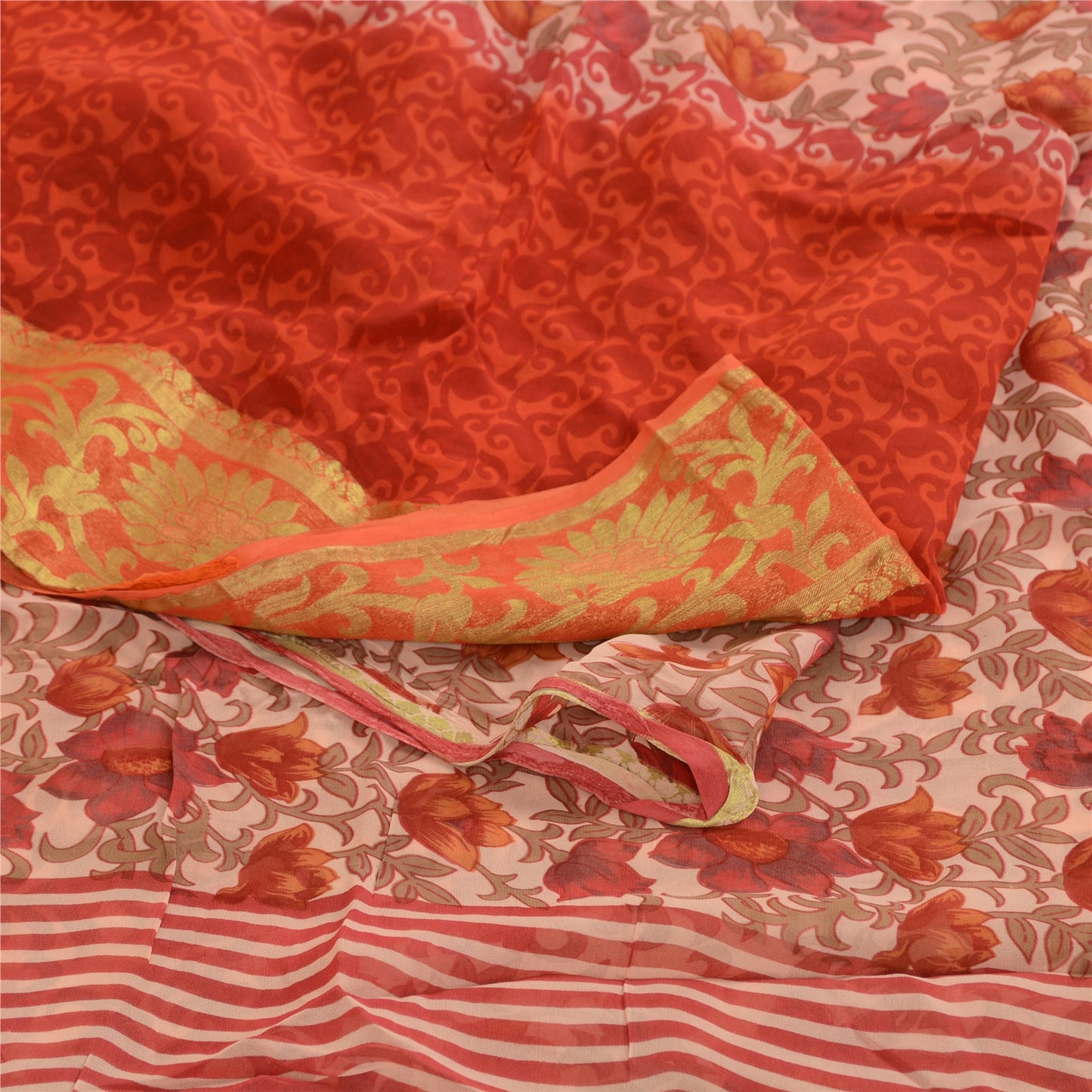 Sanskriti Vintage Sari Blend Georgette Red Printed Zari Border Sarees 5Yd Fabric For Crafting, Upcycling, or Even Wearing