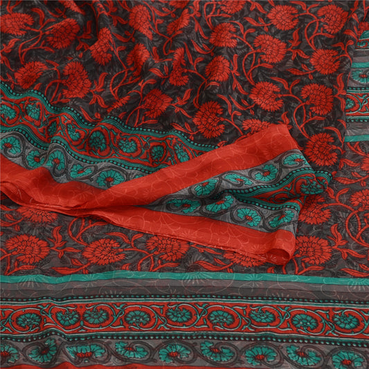 Sanskriti Vintage Sarees Indian Gray Georgette Printed Sari Floral Craft Fabric