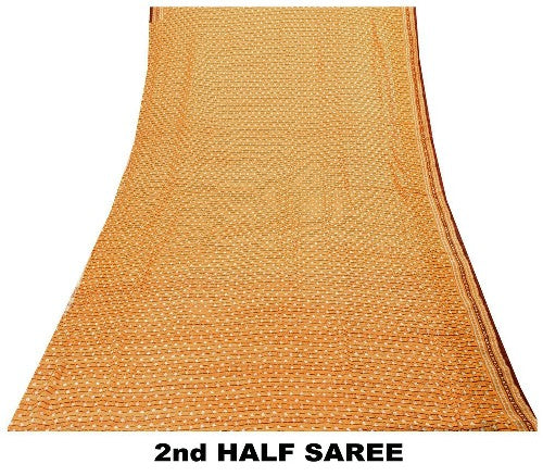 Sanskriti Vintage Saree Orange Printed Pure Chiffon Silk Sari 5yd Craft Sustainable Fabric