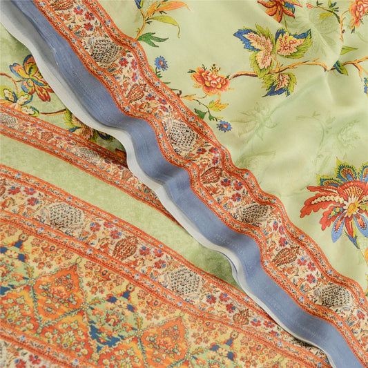 Sanskriti Vintage Sari Grøn Digitaltrykt Georgette Sari Blomsterhåndværk Bæredygtigt Stof