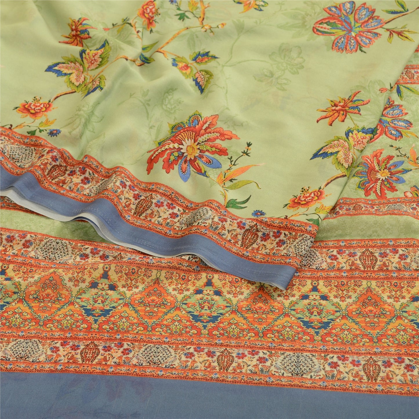 Sanskriti Vintage Saree Green Digital Printed Georgette Sari Floral Craft Sustainable Fabric