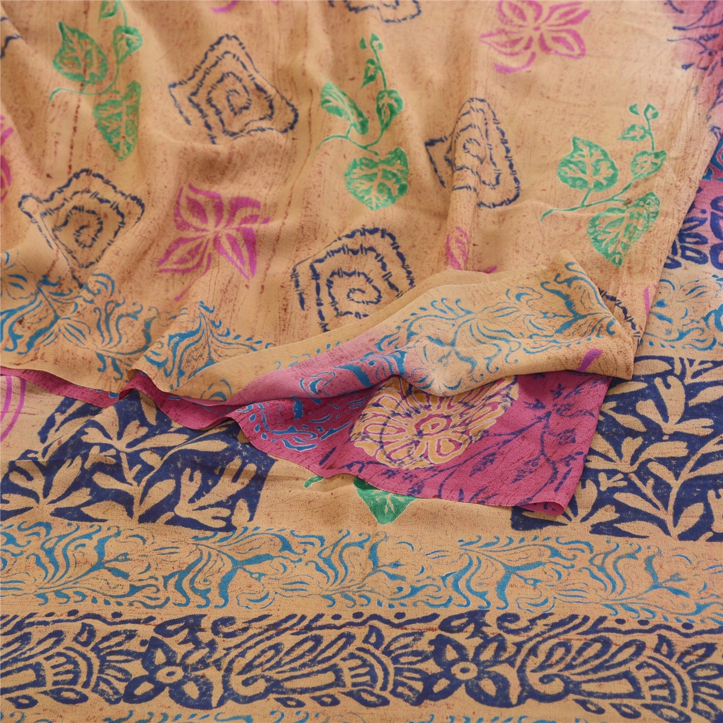 Sanskriti Vintage Sarees Purple Block Printed Pure Georgette Silk Sari Sustainable Fabric