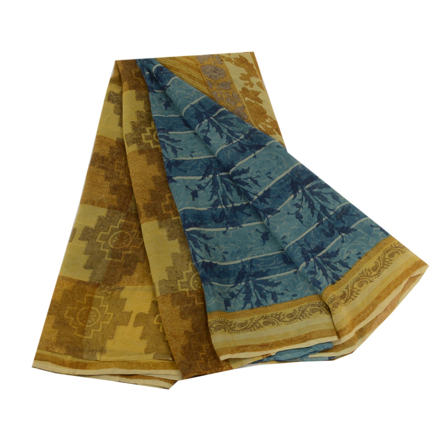 Sanskriti Vintage Sarees Blue/Green Pure Georgette Silk Print Sari Craft Sustainable Fabric