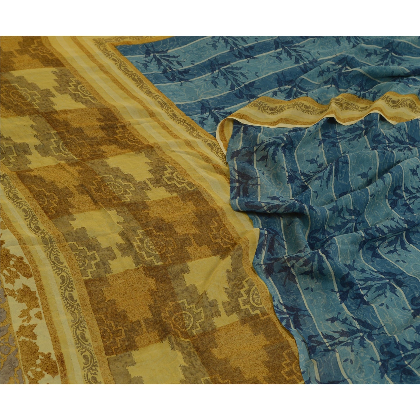 Sanskriti Vintage Sarees Blue/Green Pure Georgette Silk Print Sari Craft Sustainable Fabric