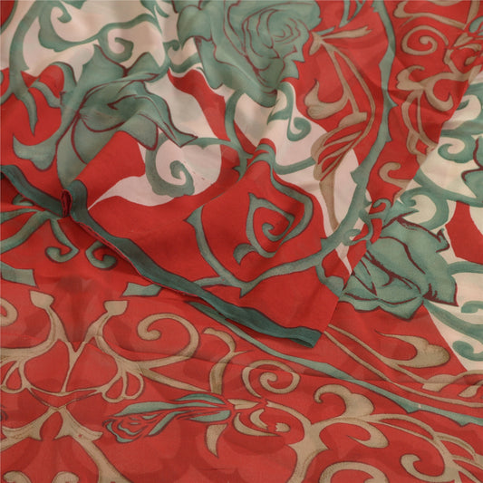 Sanskriti Vintage Sarees Red/Green Pure Georgette Silk Print Sari Craft Fabric
